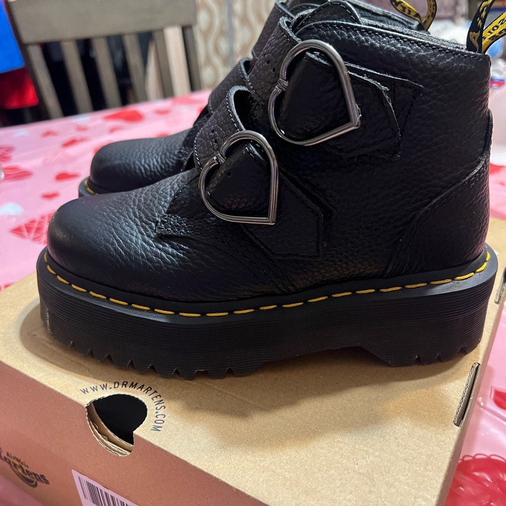 Dr. Martens Black Boots with Heart-Shaped Closures and Chunky Sole